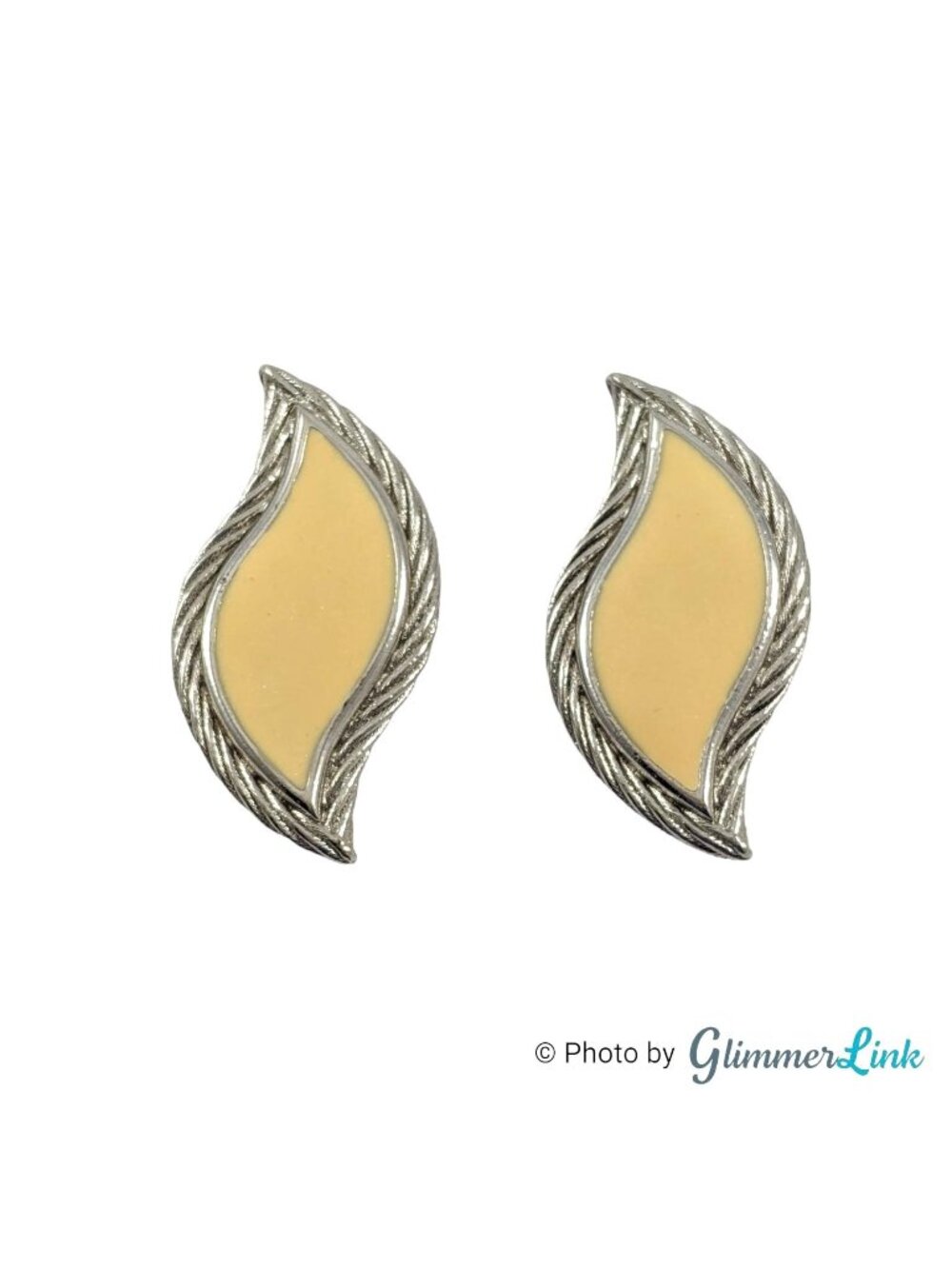Vintage Cream Enamel Leaf Stud Earrings Silver Tone Rope Trim